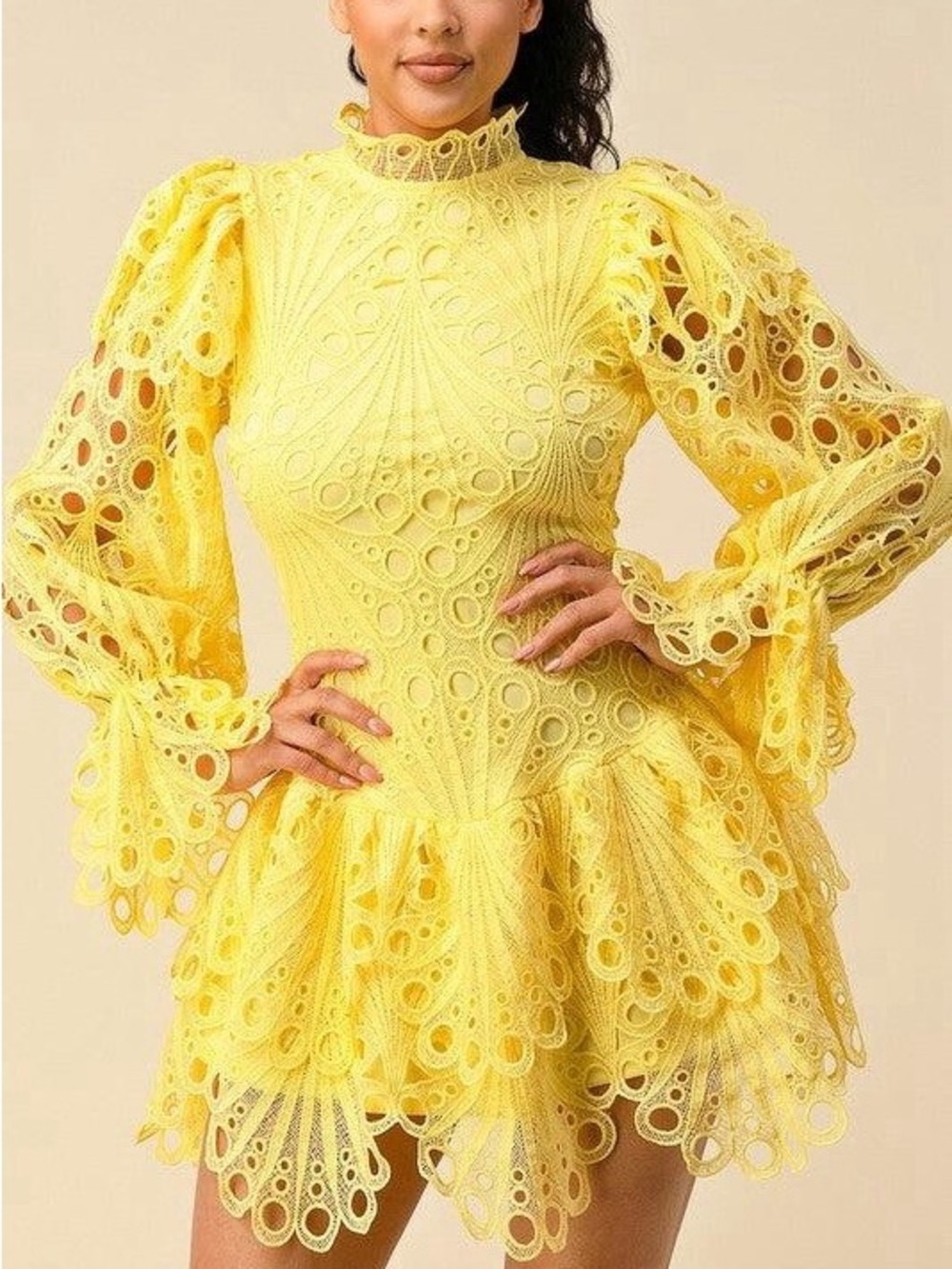 Sunshine Lace High-Neck Mini Dress - Women's Yellow Eyelet Dress